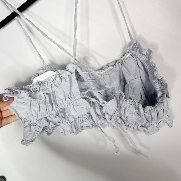 H&M Womens Small Light Blue Grey Camisole Crop Top Tank Ruffled Open Back Woven - Picture 6 of 8